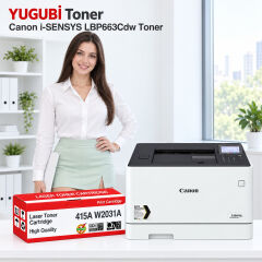 Canon i-SENSYS LBP663Cdw 415A W2031A çipsiz mavi muadil toner, kırmızı-beyaz kutu ve ofis kullanım sahnesi