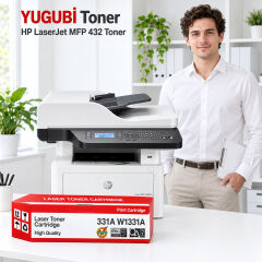HP LaserJet MFP 432 331A W1331A çipli muadil toner, kırmızı-beyaz kutu ve ofis kullanım sahnesi