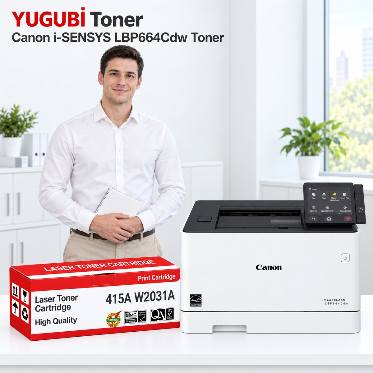 Canon i-SENSYS LBP664Cdw 415A W2031A çipsiz mavi muadil toner, kırmızı-beyaz kutu ve ofis kullanım sahnesi