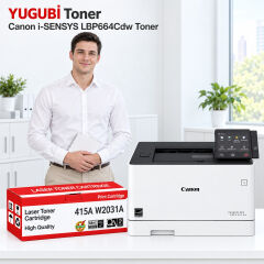 Canon i-SENSYS LBP664Cdw 415A W2031A çipsiz mavi muadil toner, kırmızı-beyaz kutu ve ofis kullanım sahnesi