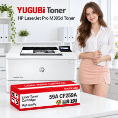 HP LaserJet Pro M305d 59A CF259A çipli muadil toner, kırmızı-beyaz kutu ve ofis kullanım sahnesi