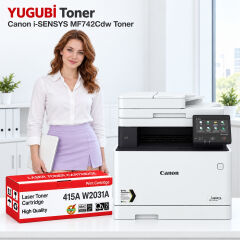 Canon i-SENSYS MF742Cdw 415A W2031A çipsiz mavi muadil toner, kırmızı-beyaz kutu ve ofis kullanım sahnesi