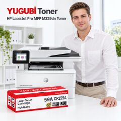 HP LaserJet Pro MFP M329dn 59A CF259A çipli muadil toner, kırmızı-beyaz kutu ve ofis kullanım sahnesi