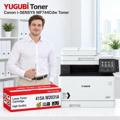 Canon i-SENSYS MF744Cdw 415A W2031A çipsiz mavi muadil toner, kırmızı-beyaz kutu ve ofis kullanım sahnesi