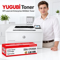 HP LaserJet Enterprise M406dn 59A CF259A çipli muadil toner, kırmızı-beyaz kutu ve ofis kullanım sahnesi