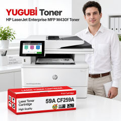 HP LaserJet Enterprise MFP M430f 59A CF259A çipli muadil toner, kırmızı-beyaz kutu ve ofis kullanım sahnesi