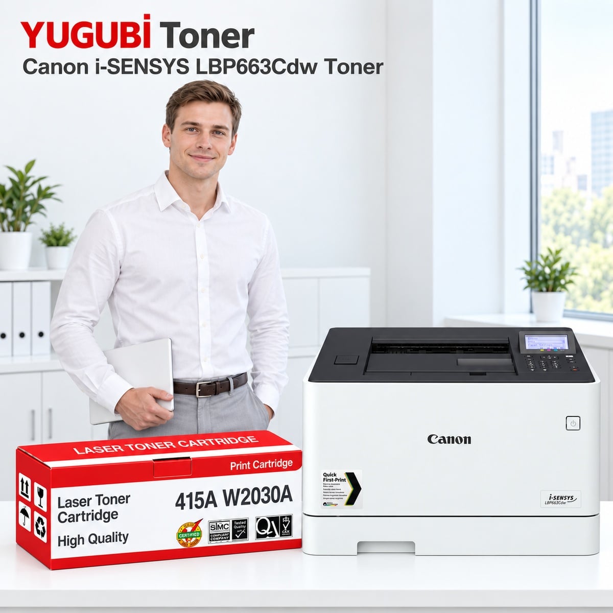 Canon i-SENSYS LBP663Cdw 415A W2030A çipsiz siyah muadil toner, kırmızı-beyaz kutu ve ofis kullanım sahnesi
