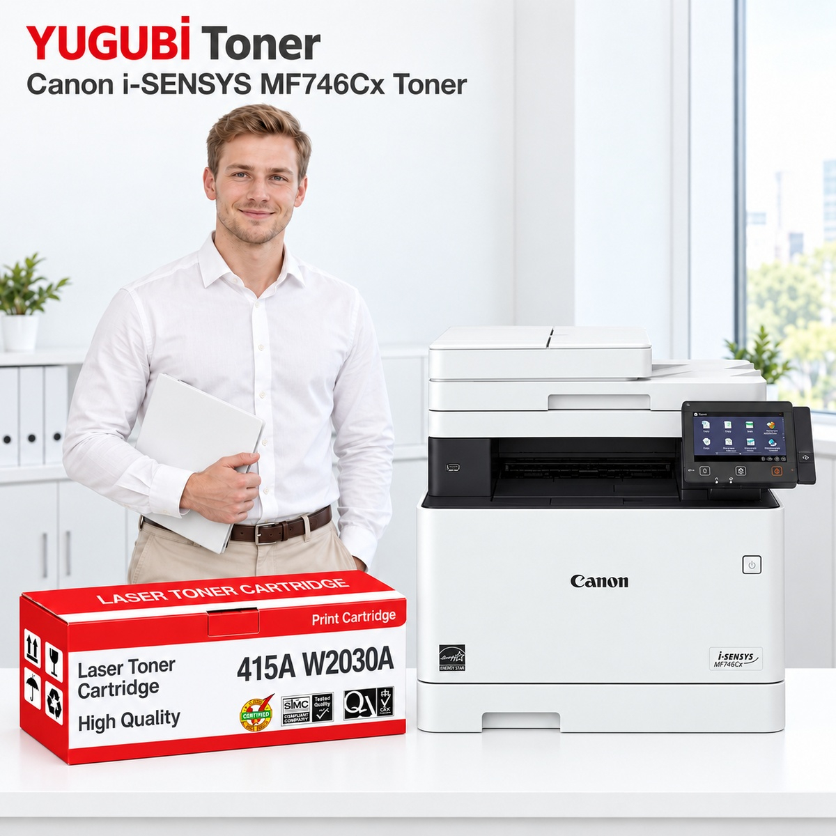 Canon i-SENSYS MF746Cx 415A W2030A çipsiz siyah muadil toner, kırmızı-beyaz kutu ve ofis kullanım sahnesi