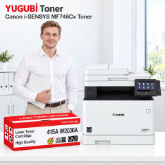 Canon i-SENSYS MF746Cx 415A W2030A çipsiz siyah muadil toner, kırmızı-beyaz kutu ve ofis kullanım sahnesi