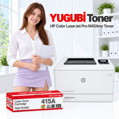 HP Color LaserJet Pro M454nw 415A muadil toner, kırmızı-beyaz kutu ve ofis kullanım sahnesi