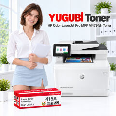 HP Color LaserJet Pro MFP M479fdn 415A muadil toner, kırmızı-beyaz kutu ve ofis kullanım sahnesi