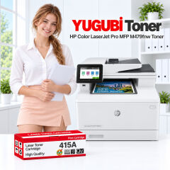 HP Color LaserJet Pro MFP M479fnw 415A muadil toner, kırmızı-beyaz kutu ve ofis kullanım sahnesi