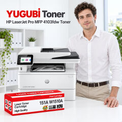 HP LaserJet Pro MFP 4103fdw 151A W1510A muadil toner, kırmızı-beyaz kutu ve ofis kullanım sahnesi