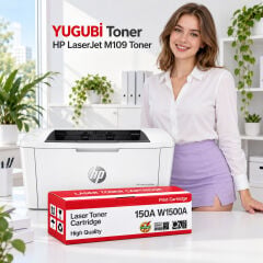 HP LaserJet M109 150A W1500A çipli muadil toner, kırmızı-beyaz kutu ve ofis kullanım sahnesi