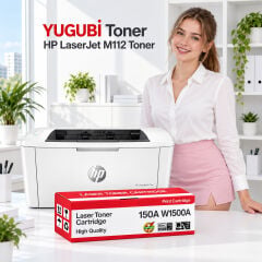HP LaserJet M112 150A W1500A çipli muadil toner, kırmızı-beyaz kutu ve ofis kullanım sahnesi
