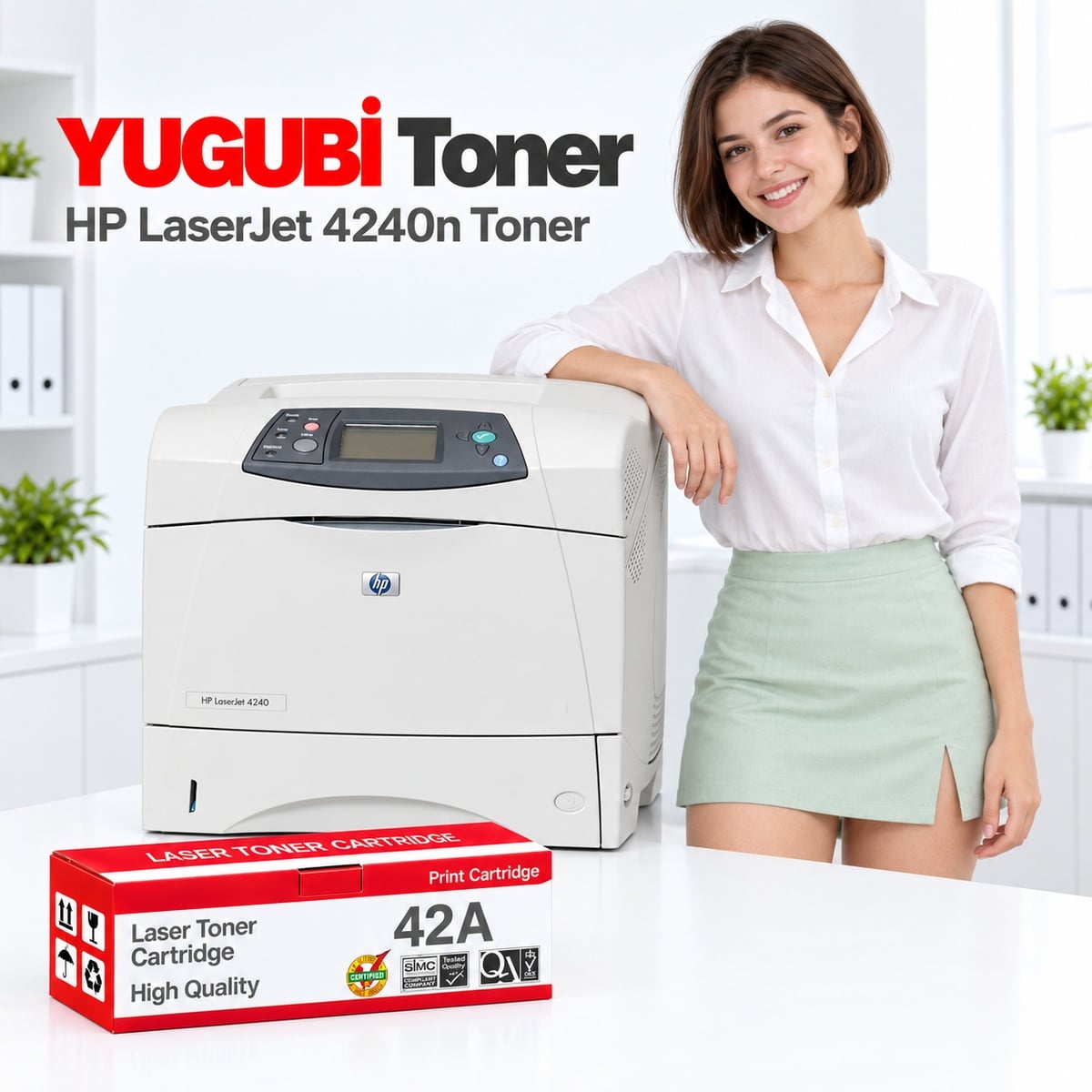 HP LaserJet 4240n 42A Q5942A muadil toner, kırmızı-beyaz kutu ve ofis kullanım sahnesi