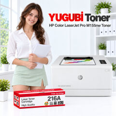 HP Color LaserJet Pro M155nw 216A muadil toner, kırmızı-beyaz kutu ve ofis kullanım sahnesi