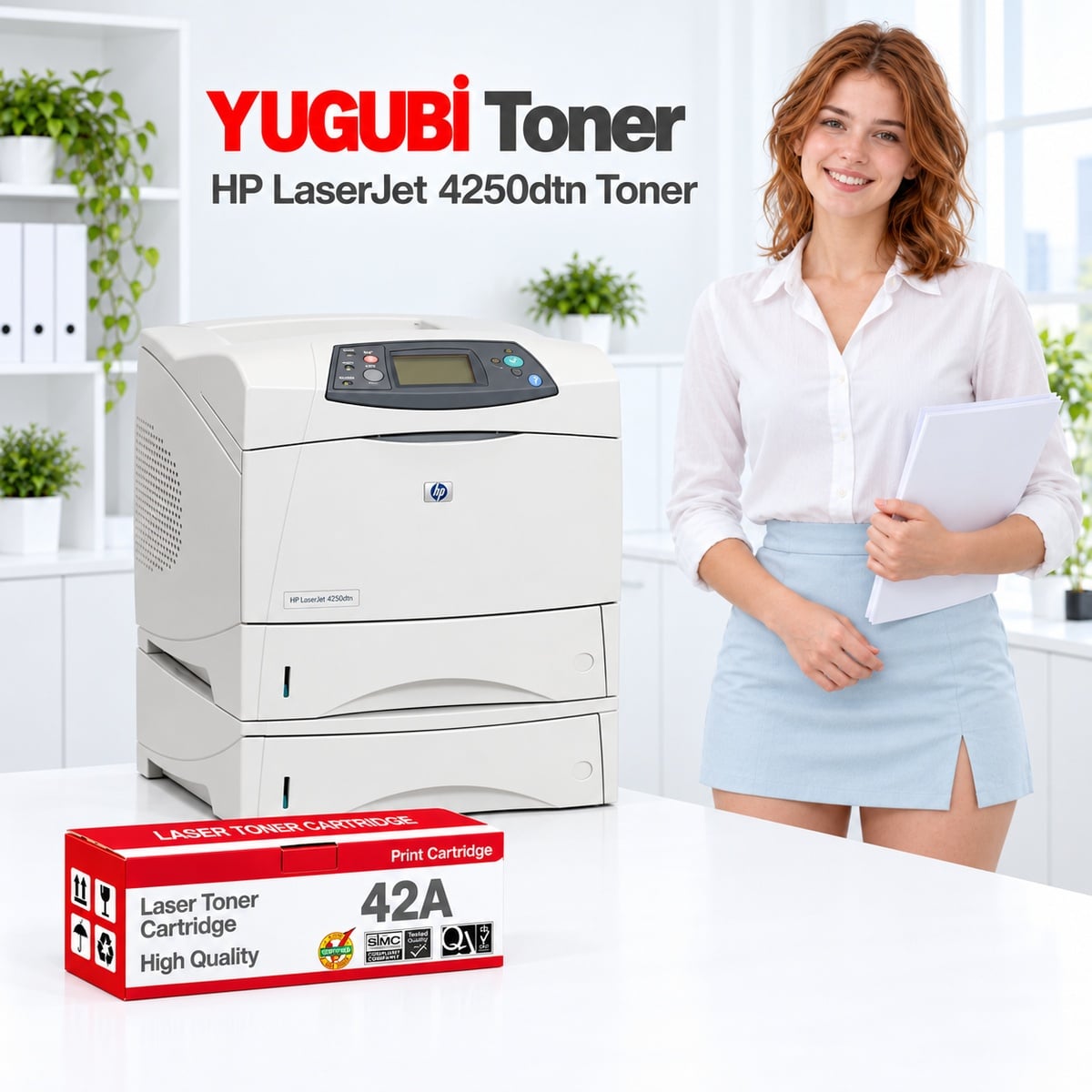 HP LaserJet 4250dtn 42A Q5942A muadil toner, kırmızı-beyaz kutu ve ofis kullanım sahnesi