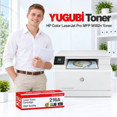 HP Color LaserJet Pro MFP M182n 216A muadil toner, kırmızı-beyaz kutu ve ofis kullanım sahnesi
