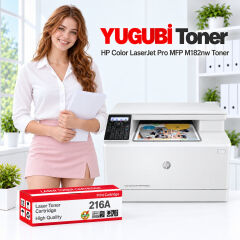 HP Color LaserJet Pro MFP M182nw 216A muadil toner, kırmızı-beyaz kutu ve ofis kullanım sahnesi