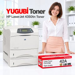 HP LaserJet 4350tn 42A muadil toner, kırmızı-beyaz kutu ve ofis kullanım sahnesi