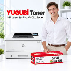 HP LaserJet Pro M402d 26A muadil toner, kırmızı-beyaz kutu ve ofis kullanım sahnesi