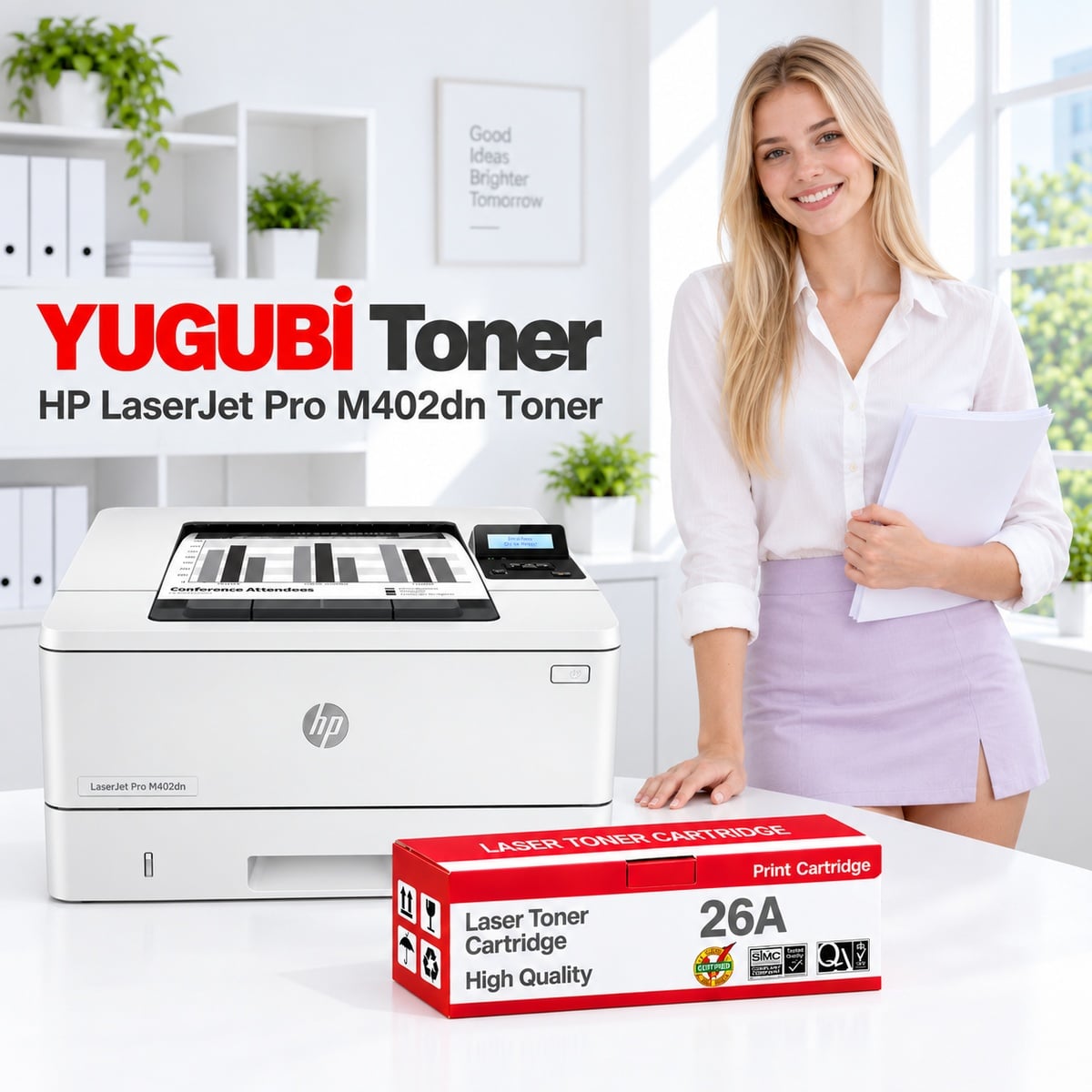 HP LaserJet Pro M402dn 26A muadil toner, kırmızı-beyaz kutu ve ofis kullanım sahnesi