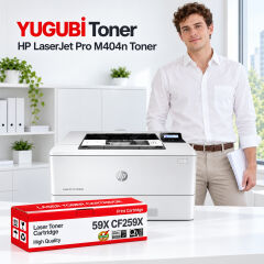 HP LaserJet Pro M404n 59X CF259X çipsiz muadil toner, kırmızı-beyaz kutu ve ofis kullanım sahnesi