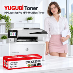 HP LaserJet Pro MFP M428fdn 59X CF259X çipsiz muadil toner, kırmızı-beyaz kutu ve ofis kullanım sahnesi