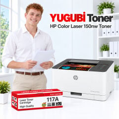 HP Color Laser 150nw 117A muadil toner, kırmızı-beyaz kutu ve ofis kullanım sahnesi