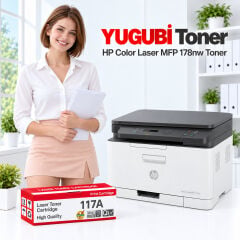 HP Color Laser MFP 178nw 117A muadil toner, kırmızı-beyaz kutu ve ofis kullanım sahnesi
