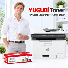 HP Color Laser MFP 179fnw 117A muadil toner, kırmızı-beyaz kutu ve ofis kullanım sahnesi