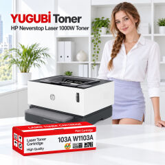 HP Neverstop Laser 1000W 103A W1103A muadil toner, kırmızı-beyaz kutu ve ofis kullanım sahnesi