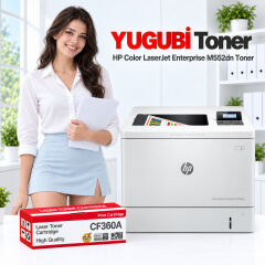 HP Color LaserJet Enterprise M552dn CF360A muadil toner, kırmızı-beyaz kutu ve ofis kullanım sahnesi