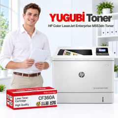 HP Color LaserJet Enterprise M553dn CF360A muadil toner, kırmızı-beyaz kutu ve ofis kullanım sahnesi