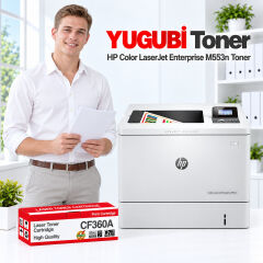 HP Color LaserJet Enterprise M553n CF360A muadil toner, kırmızı-beyaz kutu ve ofis kullanım sahnesi