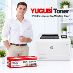 HP Color LaserJet Pro M454nw 415A W2033A çipsiz kırmızı muadil toner, kırmızı-beyaz kutu ve ofis kullanım sahnesi