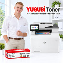HP Color LaserJet Pro MFP M479fdn 415A W2033A çipsiz kırmızı muadil toner, kırmızı-beyaz kutu ve ofis kullanım sahnesi
