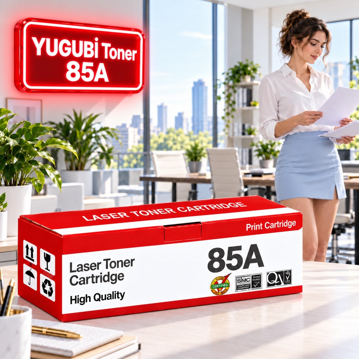 HP 85A CE285A siyah muadil toner, kırmızı-beyaz kutu ve neon tabelalı ofis sahnesi