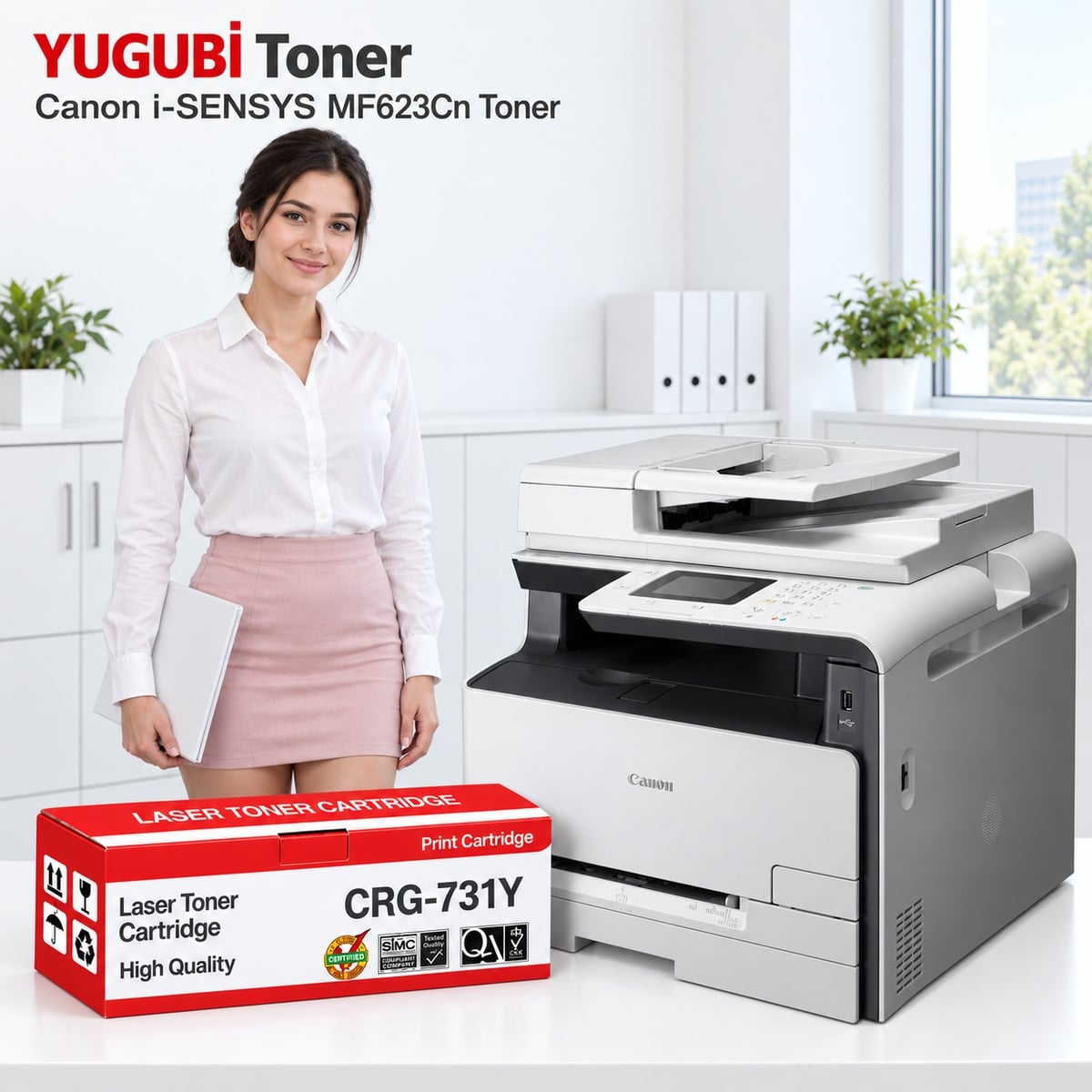 Canon i-SENSYS MF623Cn CRG-731Y sarı muadil toner, kırmızı-beyaz kutu ve ofis kullanım sahnesi