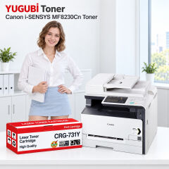 Canon i-SENSYS MF8230Cn CRG-731Y sarı muadil toner, kırmızı-beyaz kutu ve ofis kullanım sahnesi