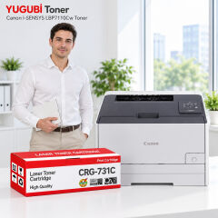 Canon i-SENSYS LBP7110Cw CRG-731C mavi muadil toner, kırmızı-beyaz kutu ve ofis kullanım sahnesi