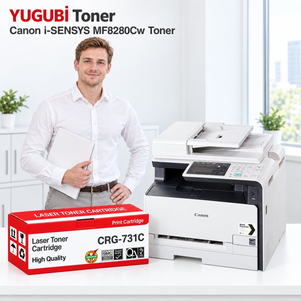 Canon i-SENSYS MF8280Cw CRG-731C mavi muadil toner, kırmızı-beyaz kutu ve ofis kullanım sahnesi