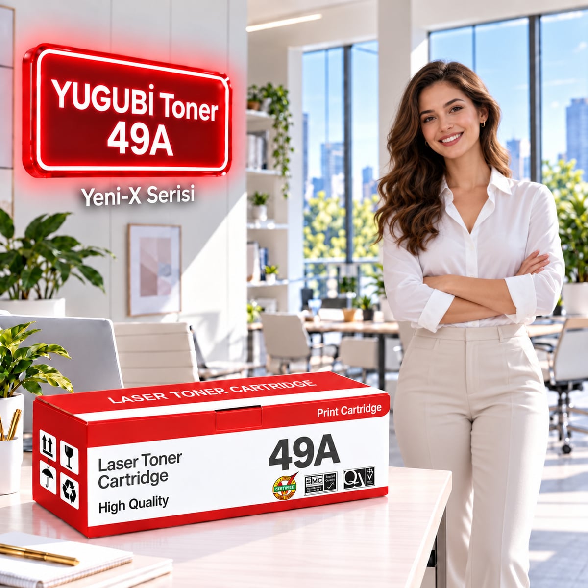 HP 49A Q5949A Muadil Toner 2.5K, kırmızı-beyaz kutu ve neon tabelalı ofis sahnesi