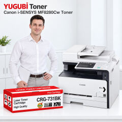 Canon i-SENSYS MF8280Cw CRG-731BK siyah muadil toner, kırmızı-beyaz kutu ve ofis kullanım sahnesi