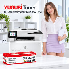 HP LaserJet Pro MFP M428fdw 59A CF259A çipsiz muadil toner, kırmızı-beyaz kutu ve ofis kullanım sahnesi