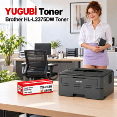 Brother HL-L2375DW Muadil Toner 3K, TN-2456 kırmızı-beyaz toner kutusu ve Brother yazıcılı ofis sahnesi