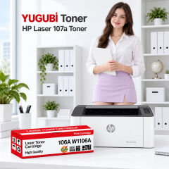 HP Laser 107a 106A W1106A çipsiz muadil toner, kırmızı-beyaz kutu ve ofis kullanım sahnesi