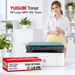 HP Laser MFP 135r 106A W1106A çipsiz muadil toner, kırmızı-beyaz kutu ve ofis kullanım sahnesi