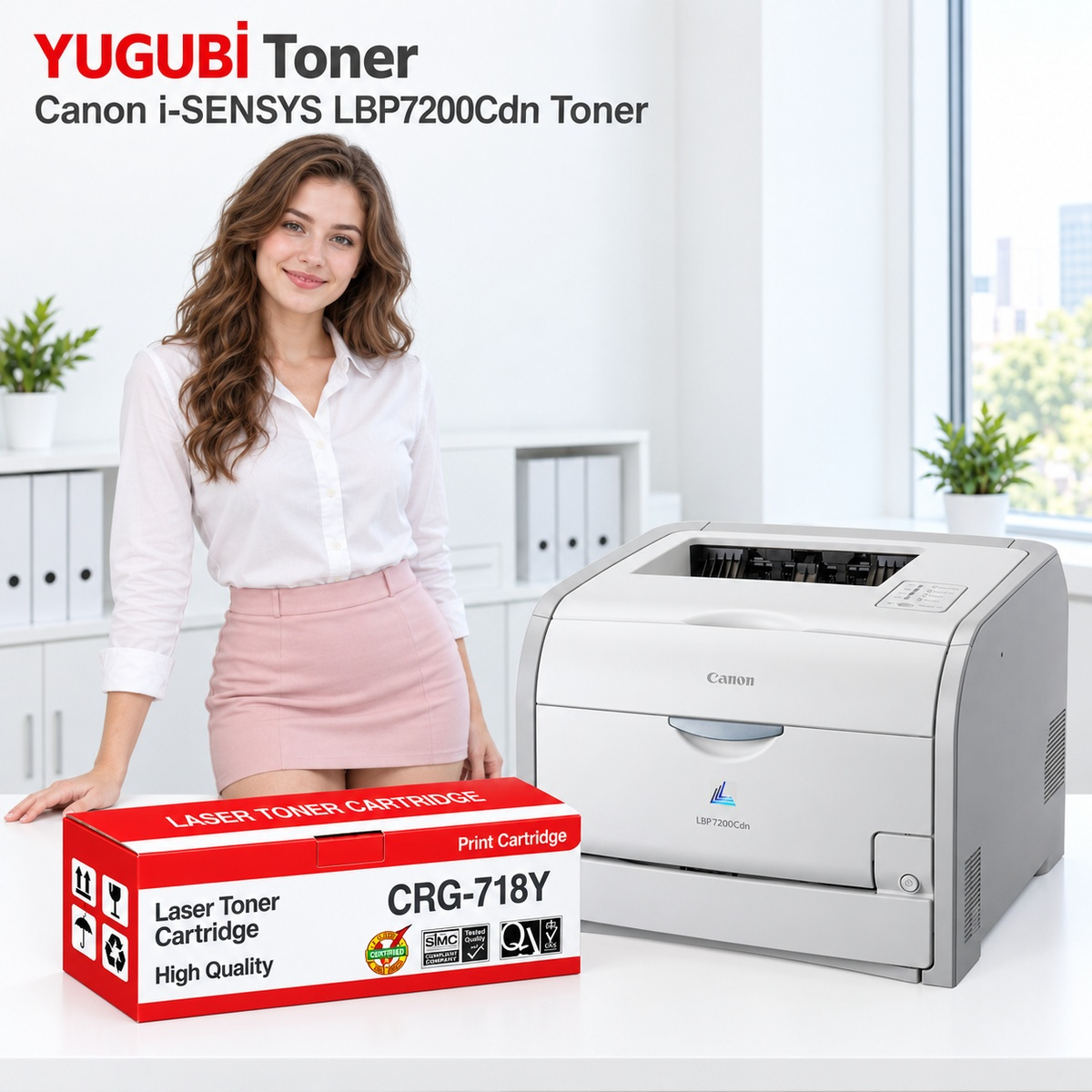 Canon i-SENSYS LBP7200Cdn CRG-718Y sarı muadil toner, kırmızı-beyaz kutu ve ofis kullanım sahnesi